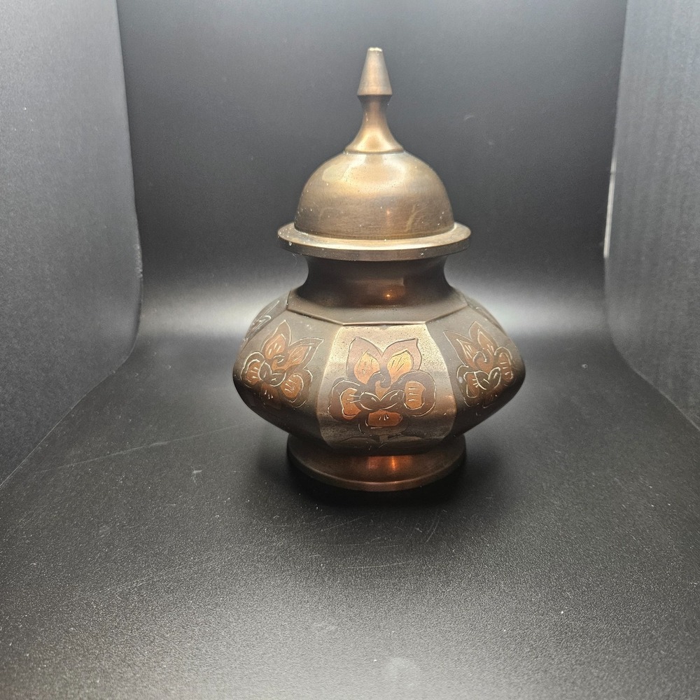 Vintage Brass Floral Lidded Jar Made in India‎ Boho Decor Etched Metal
